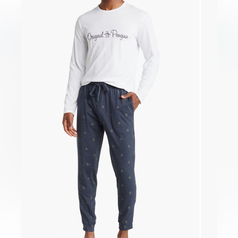 New Original Penguin PJ lounge Set White Blue Jogger Long Sleeve Shirt S